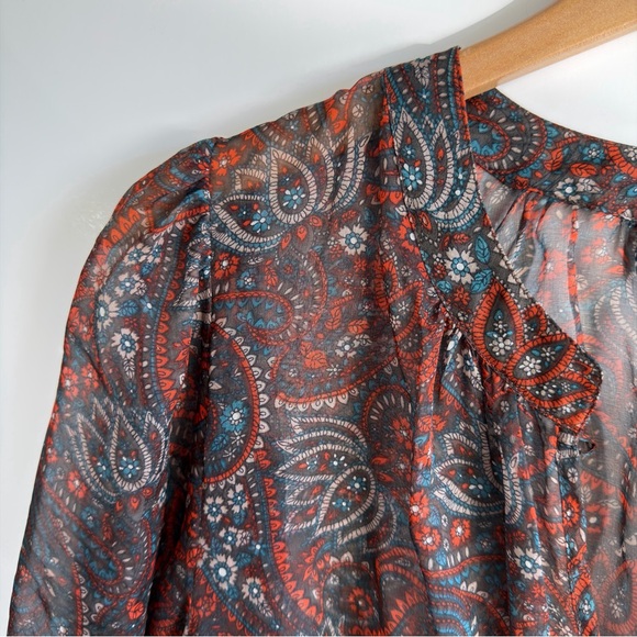 Pleione 100% Silk Paisley Smocked Waist Blouse Large Nordstrom Boho Peplum Top - Picture 10 of 13